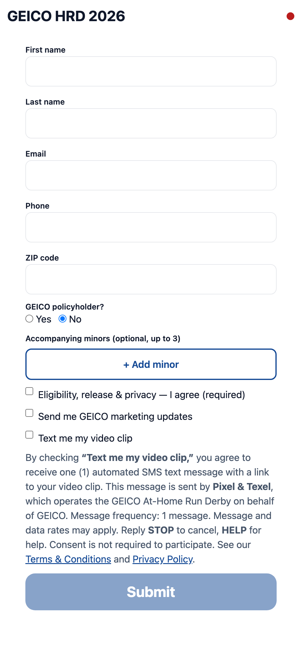 The GEICO At-Home Run Derby registration opt-in screen, showing the 'Text me my video clip' checkbox and the SMS disclosures.